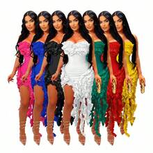 1PC Women's Ruffled Dress Sexy Strapless Gown With Ruffles For Summer - 藍色 - 查看 2