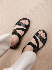 Men's Casual Hook And Loop Beach Sandals, Summer Fashion Beach Resort Style Flat Slippers With Classic Lines, Versatile - All Black - View 5