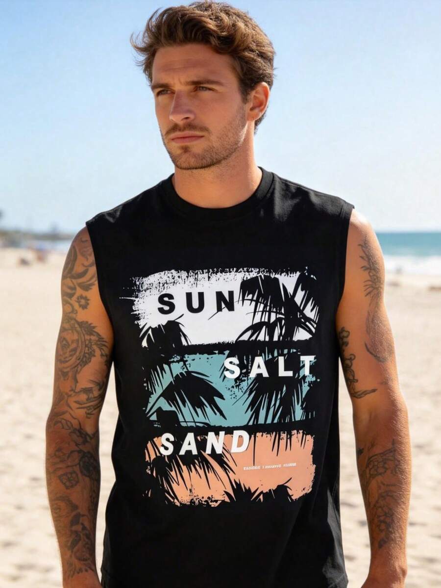 Hombre chaleco sin mangas playa vestido vacacional chaleco de cuello redondo hombre top casual - Negro - Ver 1