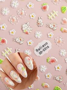 1pc 5D Embossed Spring/Summer Strawberry White Rabbit Nail Stickers, Heart Flower Sweet Cute Self-Adhesive Nail Decals For Women Home DIY Use. - Multicolor - View 6