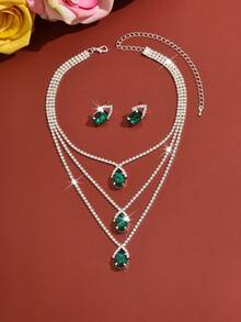 1 Set High-Quality Red Ruby Crystal Necklace And Earrings Set, Sparkling Rhinestone Multi-Layer Accessories, Fashionable For Women's Daily Wear, Parties, Valentine's Day - Green - View 4