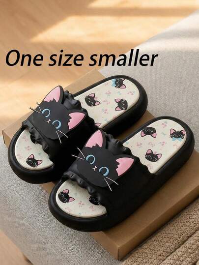 Women's Thick Sole Round Toe PVC Sweet Black Cat Cute Casual Couple Slippers, Suitable For Daily, Rainy, Beach, Outdoor, All Season Slip-On Sandals