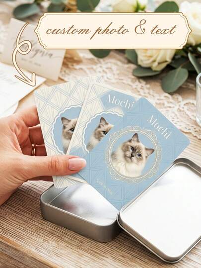 Custom Cat Photo Playing Cards,Personalized Pet Portrait Deck,Custom Name Date Cards,Storage Tin Included,High Definition Print,Light Blue Elegant,Durable Cardstock,Reusable,Vintage Frame Design,Pet Lover,Cat Owner,Pet Parent,Family,Couple,Game Night,Home Decor,Photo Display,Pet Memorial,Anniversary Gift,Birthday Gift,Housewarming,Wedding Favor,Family Gathering,Valentine's Day,Christmas,Thanksgiving,Mother's Day,Pet Memorial Day