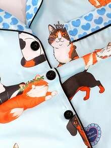 Set de 2 piezas de pijama de manga corta transpirable para verano, ropa de dormir para mujer, camiseta abotonada con cuello y pantalones cortos de cintura elástica, adecuado para todas las estaciones, estampado casual de perro y gato, diseño con ribete de contraste - Multicolor - Ver 7