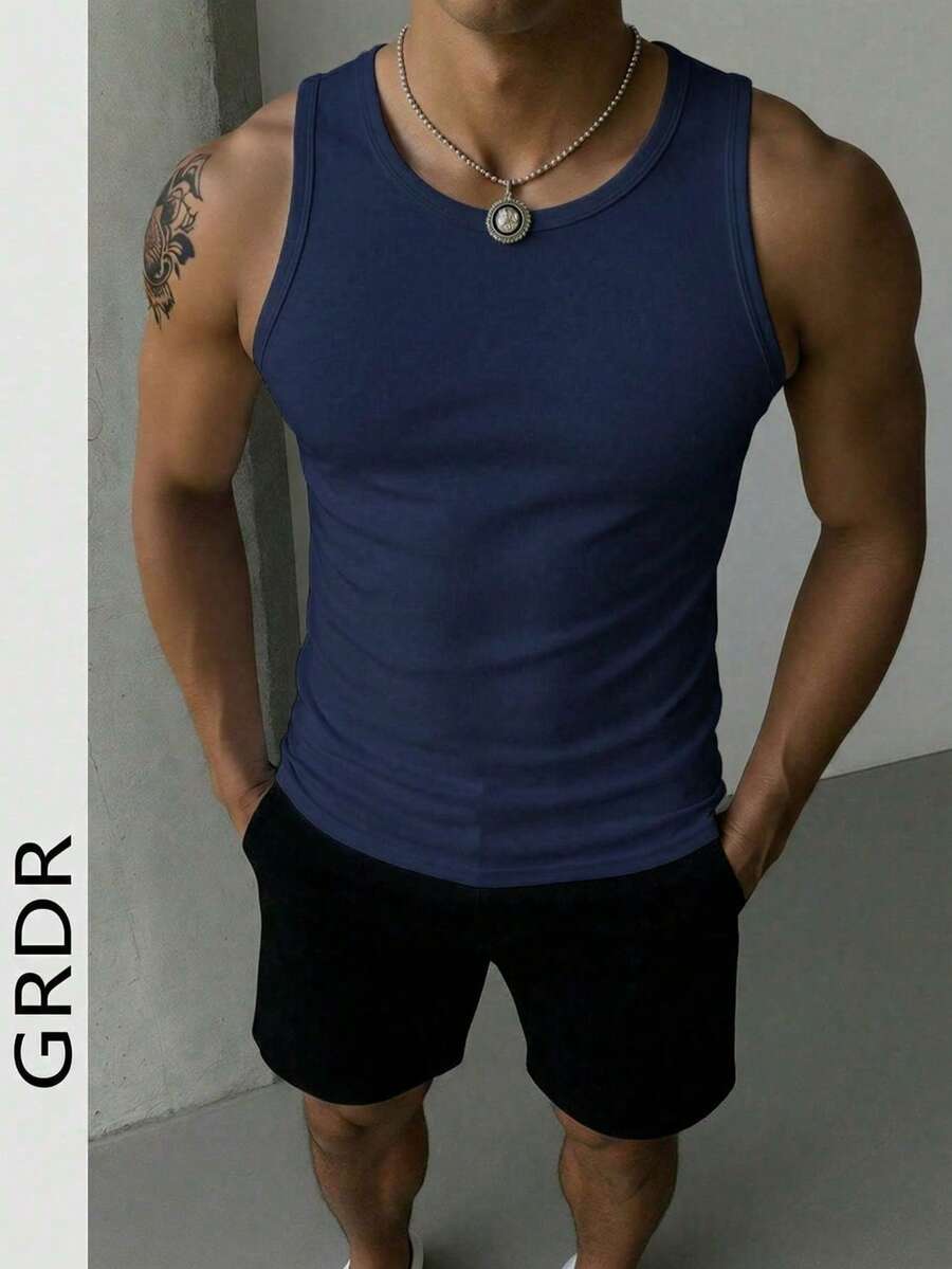 GRDR 男士夏季无袖纯色窄肩背心，运动休闲两相宜 - 藏蓝色 - 查看 1