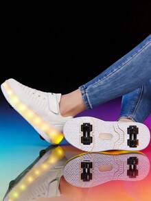 BLSART 兒童穿脫式 LED 發光 2 合 1 可拆卸輪滑鞋，透氣布料輕量禮物 - 白色 - 查看 3