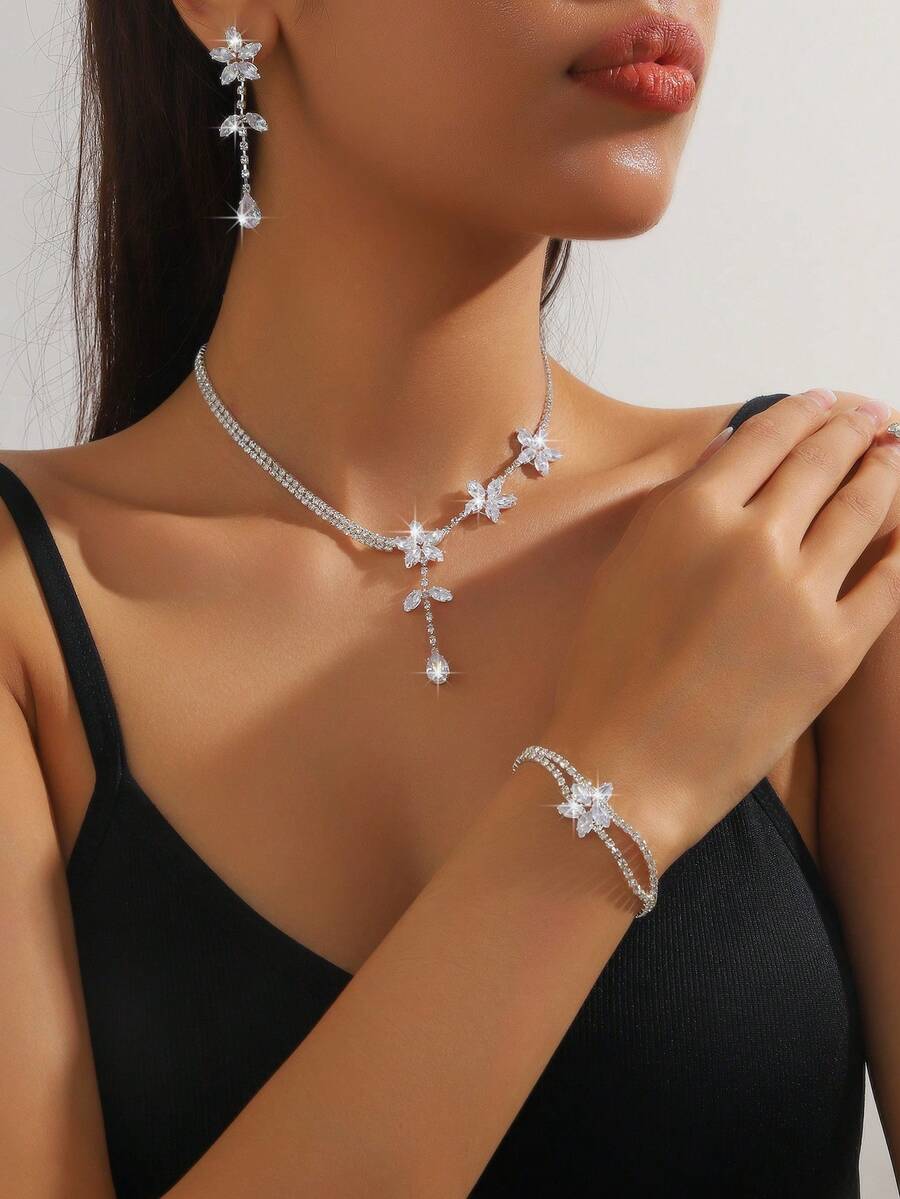 4 pièces Ensemble de collier, bracelet et boucles d'oreilles fleur de zircone de luxe, design exquis convenant pour le port quotidien, les mariages, les fêtes, les vacances et les cadeaux pour femmes - Argent - Voir 1