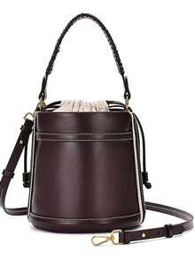 New Fashionable Classic Multifunction Solid Color Waterproof PU Women's Handbag, With Drawstring Design, Contrast Color Bucket/Crossbody Bag. Women's Wallet, Suitable For Shopping, Work, Travel - Burgundy - View 3