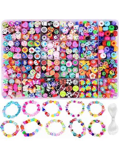 1000颗聚合物粘土珠子手链制作套装，24种可爱趣味珠子，包括水果、花朵、动物、蛋糕、蝴蝶、爱心等造型，可用于制作项链、耳环等首饰，DIY饰品配件，适合女性和女孩。