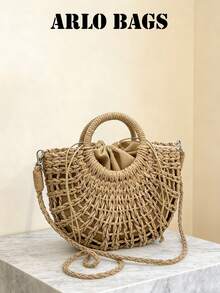 女士编织草编手提包，配有顶部提手、可拆卸斜挎肩带、镂空抽绳设计，是一款多功能顶部提手斜挎包，夏季沙滩篮式手提包，带内衬，是度假、海滩、日常出行的理想之选。 - 卡其色 - 查看 1
