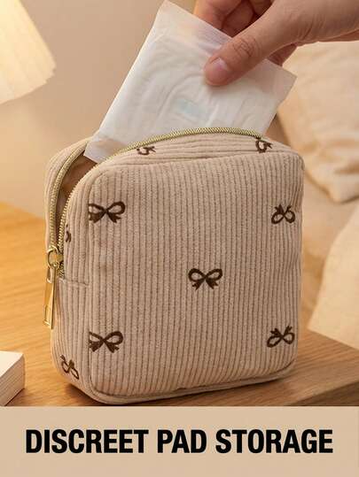 可爱迷你蝴蝶结拉链化妆包，多色卫生巾收纳袋，女士/女孩便携式洗漱包，适合上学、上班、旅行、邮轮、海滩、度假 - 必备配件