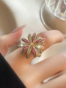 jealous young 1pc Elegant Multi-Color Cubic Zirconia Floral Design Women's Wedding Ring, Fashionable Jewelry For Daily, Commute, Vacation - Multicolor - View 2