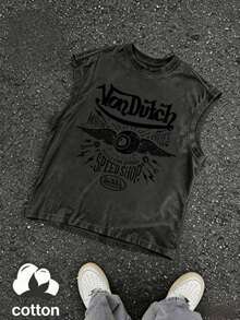 Men Black Washed Streetwear Brand Street Style 100 Percent Cotton Sleeveless Tank Top Vons Dutchs Motorcycles Speed Shop Print Graphic Casual Outfit For Daily Wear And Urban Fashion | Vintage Heavyweight | Perfect Gift | Loose Comfortable Breathable | Machine Washable Fabric | Drippy Clothes | Y2K - màu đen - Xem 1
