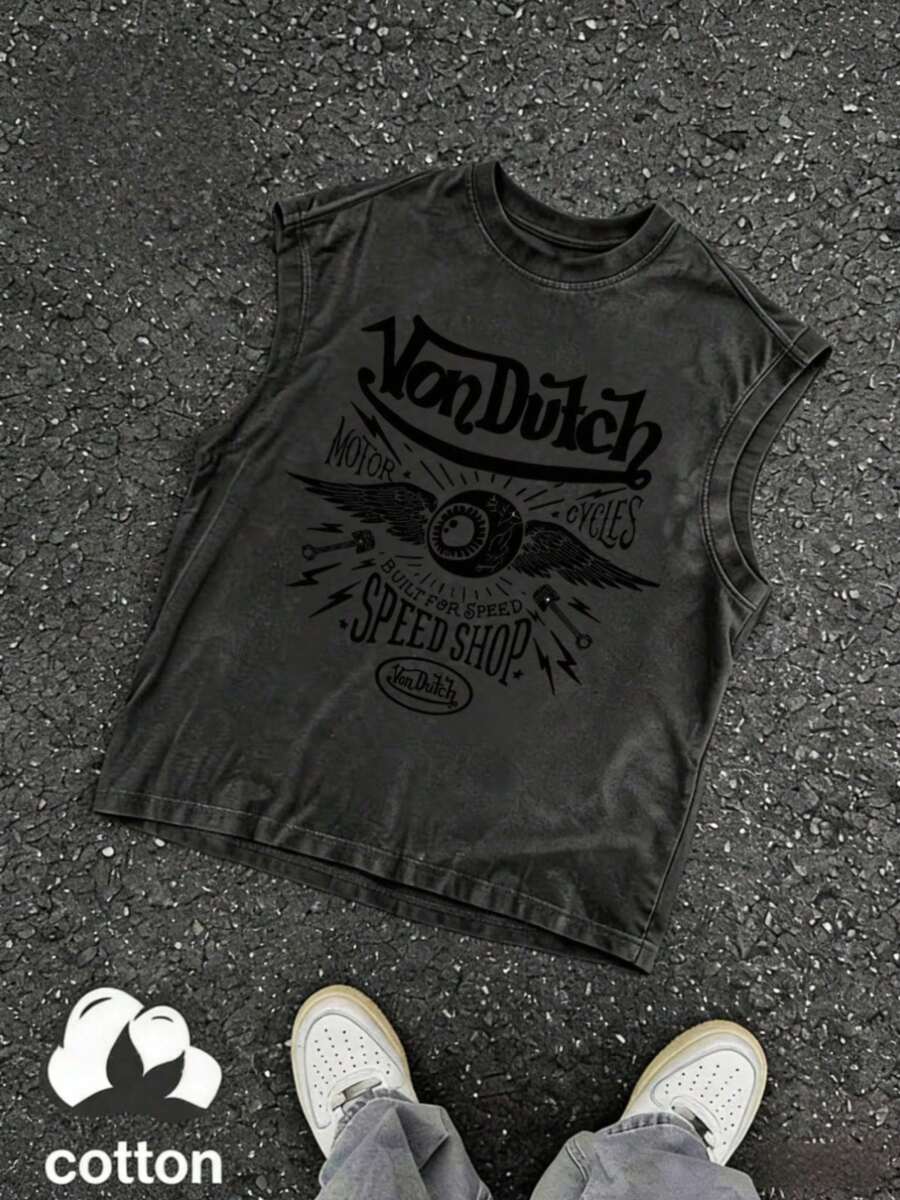 Men Black Washed Streetwear Brand Street Style 100 Percent Cotton Sleeveless Tank Top Vons Dutchs Motorcycles Speed Shop Print Graphic Casual Outfit For Daily Wear And Urban Fashion | Vintage Heavyweight | Perfect Gift | Loose Comfortable Breathable | Machine Washable Fabric | Drippy Clothes | Y2K - màu đen - Xem 1