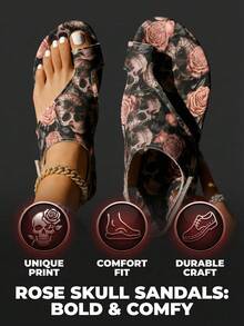 Women's Halloween Skull Rose Print Hook And Loop Design Flat Sandals, European & Middle Eastern Fashion, Casual, Retro Style, Lightweight For Summer, Suitable For Vacation, Home, Office - 彩色 - 查看 9