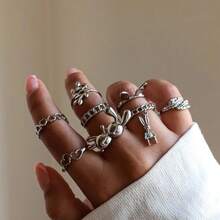 Bộ nhẫn hình thỏ tình yêu lá rỗng đơn giản, thiết kế đeo xếp lớp thời trang Hip-Hop. - Nhiều màu - Xem 6