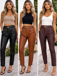 Zhara Women's High-Waisted Faux Leather Riding Pants With Belt – Skinny Faux Leather Pants, Tailored Style, Perfect Fit, Elegant Casual Chic Look, Autumn/Winter Fashion - 鏽棕色 - 查看 2