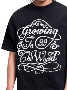 MT99 Camiseta casual de uso diario con cuello redondo y estampado de letras y números para hombres - Negro - Ver 4