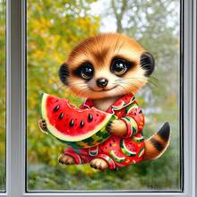 Autocolant pentru fereastră cu tematică de vară, Meerkat - Decal autoadeziv detașabil din PVC, design cu model neregulat de suricată și pepene verde, pentru decor de perete pentru fereastră, dormitor și living - decorare ușor de decojit și lipit, temă cu animale - A - Vizualizare 3