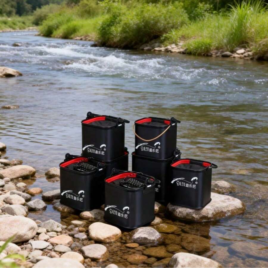 Cubo plegable para peces vivos / Cubo para peces de 20x20cm con red / Cubo de pesca con asa de cuerda / Cubo de pesca multiusos / Caja de aparejos de pesca de color aleatorio - Negro - Ver 1