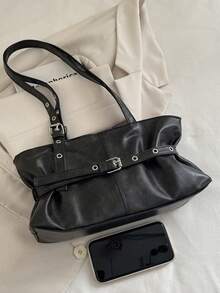 时尚真皮搭扣腋下包，新款小众休闲手提包，独特时尚女士腋下包 - 黑色 - 查看 6