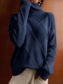 Plus Size Solid Color Turtleneck Long Sleeve Sweater, Autumn/Winter - Royal Blue - View 3