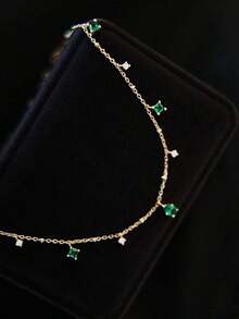 1pc Sparkling Green Zirconia Stone Necklace, Fashionable & Luxurious Unique Niche Design Delicate Clavicle Chain, Versatile For Daily Wear, Party And Gathering   Shop Thoughtful Gifts For Mom This Mother - Vàng - Xem 6
