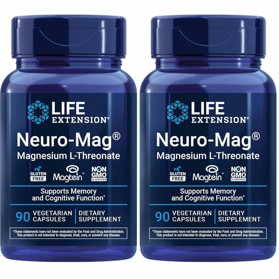 [Mother's Day Gift For Mom][2-Piece Set]Life Extension Neuro-Mag Magnesium L-Threonate, Memory Health, Quick Thinking, Cognitive Health Support, Vegetarian, Non-GMO, 90 Vegetarian Capsules (144 Mg From 2000 Mg Magtein Magnesium L-Threonate - 90 Count (Pack of 2) - 查看 1