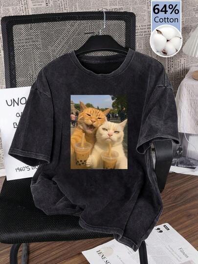 大码女式夏季猫咪照片印花水洗纯色休闲简约复古日常宽松圆领棉质短袖T恤上衣