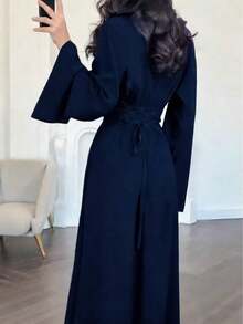 Women's Elegant Solid Navy Blue Silky Satin Cowl Neck Long Sleeve Flared Batwing Sleeve Cinched Waist Bodycon Fitted Maxi Dress, Old Money Aesthetic French Vintage Formal Evening Gown For Wedding Guest Date Night Prom Cocktail Party Office Commute Streetwear Photography Plus Size - 酒紅色 - 查看 8