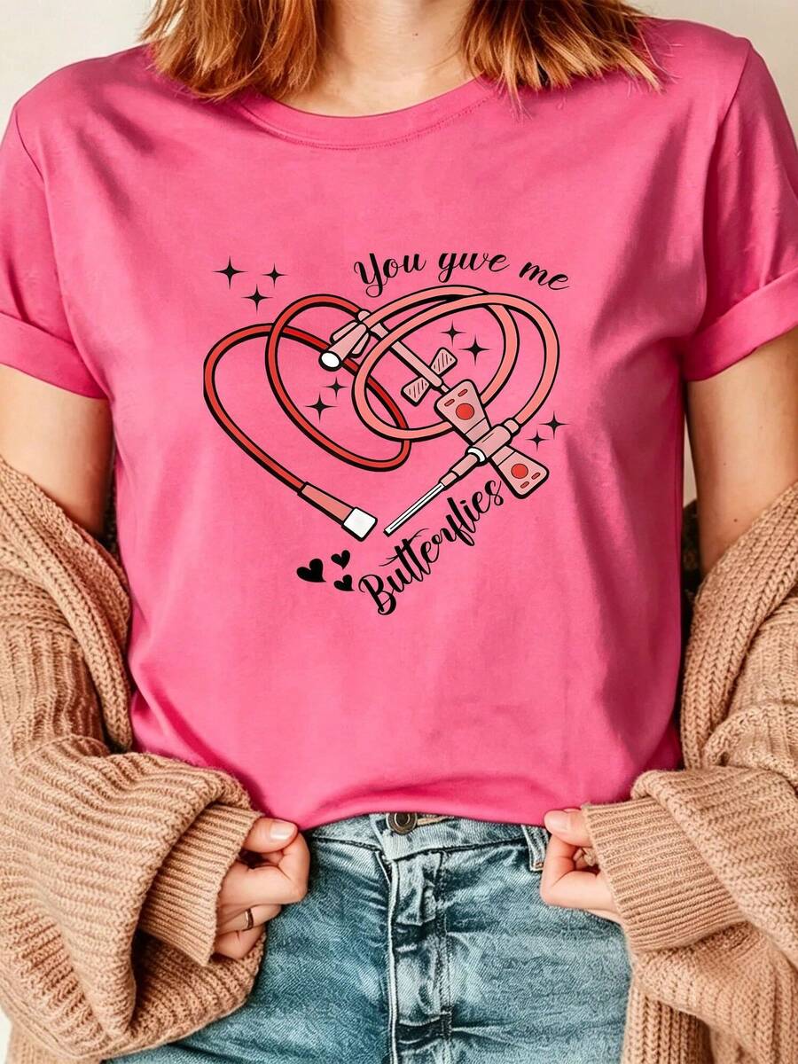Women's Valentine Day Nurse Phlebotomist You Give Me Butterflies Graphict Short-Sleeve T-Shirt, Casual & Athletic Round Neck Blouse, Medium-Stretch Machine-Washable Top Suitable For Gym, Training, Spring/Summer Wear - 粉色 - 查看 1