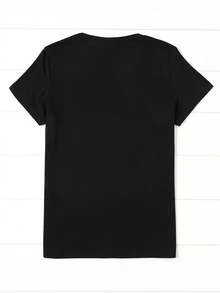 Chic Pearl Elegant Lady Pattern Print Casual T-Shirt + Spring & Summer Round Neck Short Sleeve Top, Women's Clothing - 黑色 - 查看 3