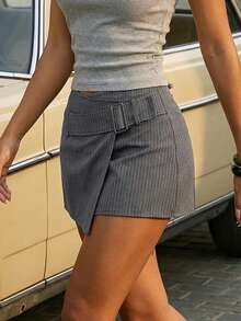 Women's Fall/Winter Striped Waist-Defined Blazer & Skort Set – Halloween & Christmas Party Style For Commute & Campus - Grey - View 8