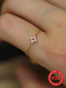 GAGAFEEL 1 chiếc nhẫn bạc S925 Sterling Silver hình hoa nhỏ thanh lịch, đính đá Cubic Zirconia, có thể điều chỉnh kích cỡ, là món quà trang sức lý tưởng để đeo hàng ngày. - Vàng - Xem 2