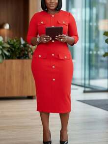 Elegant Midi Dress For Women, Fitted Silhouette, Red Color, Suitable For Afternoon Tea, Church, Office, Date, Birthday Party, Casual Wear In Spring, Autumn - Red - View 4