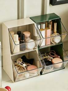 2-Tier Stackable Drawers Organizer Box, Transparent Front-Open Design, Dual-Use For Tabletop Or Wall-Mount, Suitable For Cosmetics, Skincare, Nail Art, Jewelry, Lipstick, Eyeshadow, Makeup Brushes, Lamps, Multi-Color Options, Space-Saving Vanity, Bathroom, Bedroom, Office Desk Organizer, Modular Snap-Together Design, Also For Coffee, Tea Storage - Multicolor - View 1
