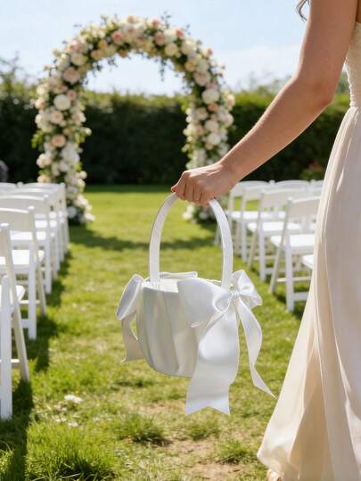 1 Peça Cesta de Flores de Cetim Marfim com Decoração de Laço: Esta Cesta de Flores de Cetim Marfim, com destaque para um laço, exala o charme romântico de um casamento ocidental. Esta Cesta de Flores de Cetim não é apenas uma escolha perfeita para cerimônias de casamento, mas também uma decoração encantadora para chás de panela.