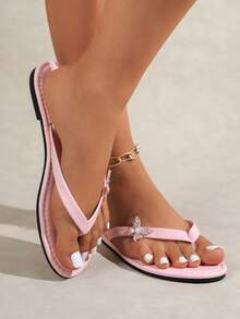 Women's Summer Flip Flops, Butterfly Flower Rhinestone Pearl Round Toe Minimalist Design, Lightweight & Fashionable, Suitable For Outdoor, Party, Vacation, Comfortable Flat Beach Sandals - Pink - View 4