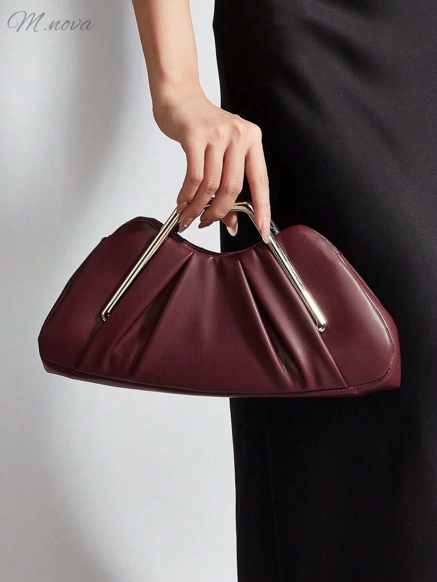 Vintage Asymmetric Ruffle Cloud Clutch Bag, Unique Metal Hardware Decor High-End Retro Evening Clutch - Burgundy - View 1