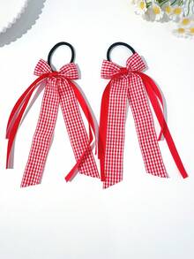 2 chiếc dây buộc tóc nơ kẻ caro hai màu, kiểu dáng thường ngày, đa năng dành cho bé gái, phù hợp đi học. - Đỏ - Xem 3
