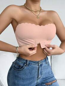 Pink Strapless Bra | Front Closure, Non-Slip Straps - Wireless Comfortable With Ruffle Trim And Upgraded Thicker Lining Cups (Suitable For A-C Cup) - Pink - View 2