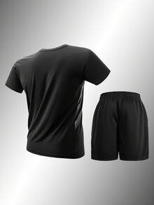1套男士夏季2件式運動服－圓領短袖上衣 & 抽繩短褲，適合健身、訓練 & 跑步 - 黑色 - 查看 5