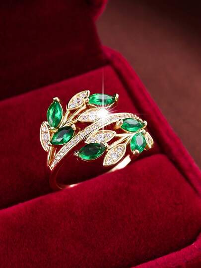 1pc Elegant Olive Branch Leaf Design Cubic Zirconia Inlaid Wide Band Ring For Women