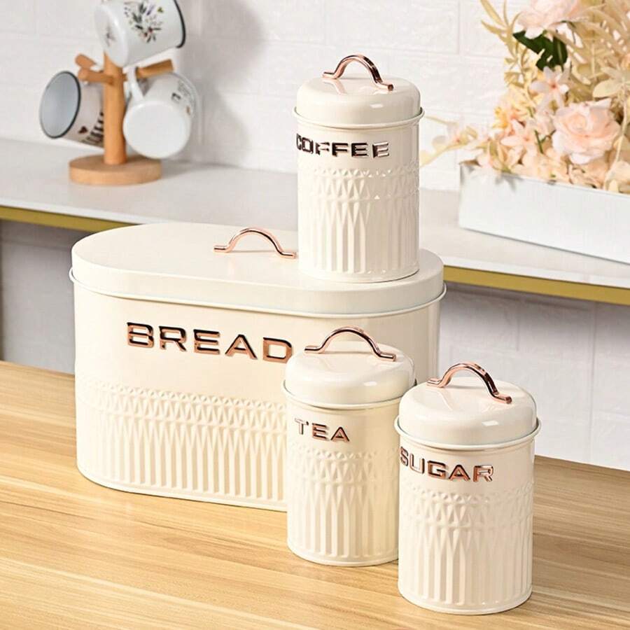4 piezas de tarros de almacenamiento de alimentos de alta calidad, con estilo minimalista y estilo nórdico, herméticos, adecuados para pan, café, azúcar y té en la cocina - Beis - Ver 1