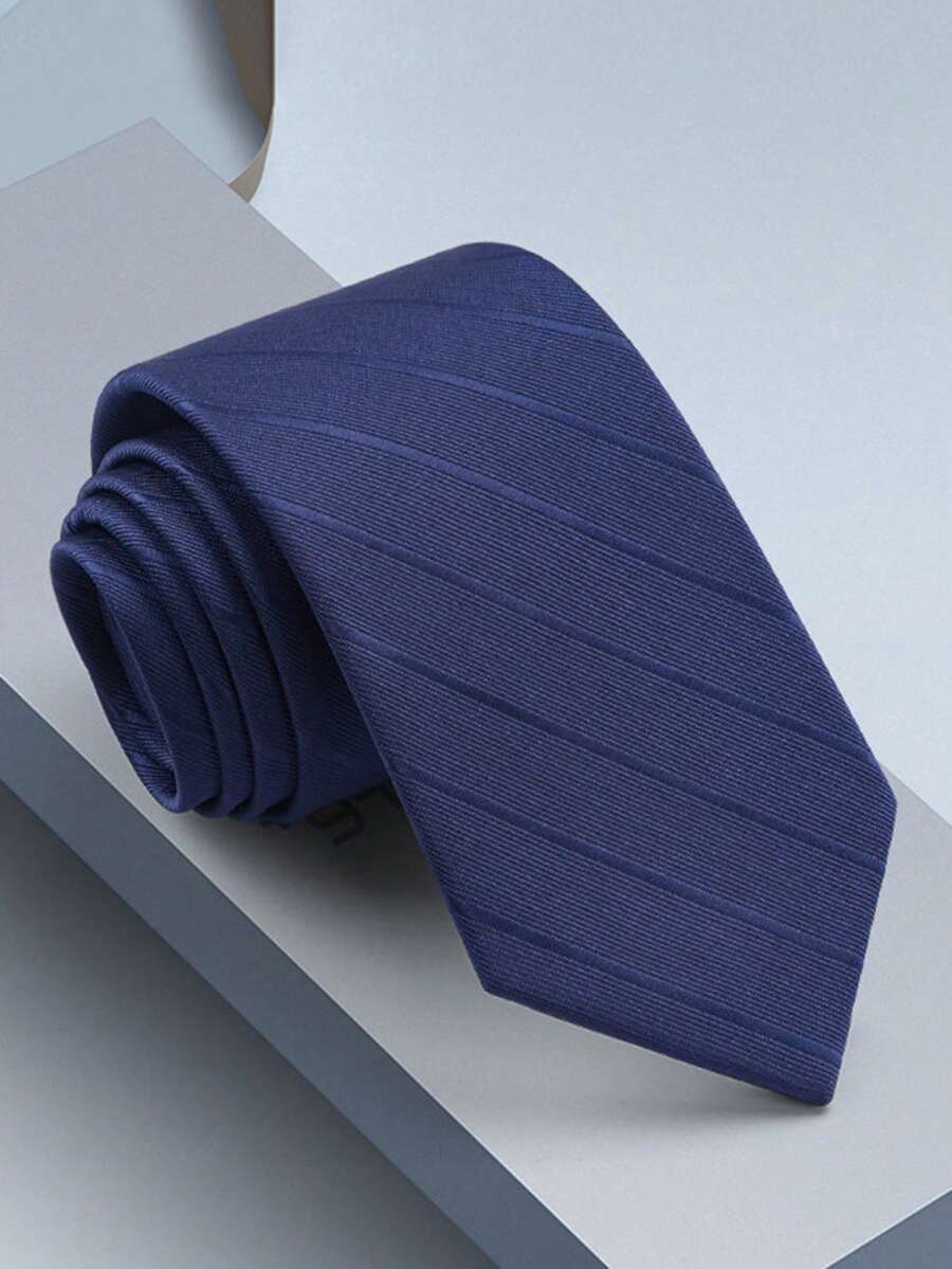 1pc Men's Business Tie, Professional Formal Interview Striped Necktie, Polyester Jacquard Silk - Navy Blue - View 1