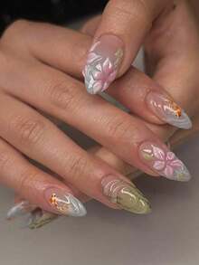 24pcs Almond-Shaped 3D Floral & Fish Design Nail Stickers, Green Natural Style, Artistic Garden Nail Decals, Fit Medium-Long Nails, Set Includes: 1pc Jelly Gel & 1pc Nail File. Suitable For Women & Girls Daily Wear, Parties, Vacations & Other Occasions. - 綠色 - 查看 3