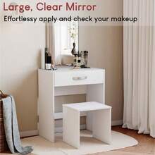 Dressing Table With Mirror And Stool, Dressing Table With 1 Drawer Storage And Built-In-Mirror Vanity Desk Easy Assembly Cosmetics Makeup Storage Organizer Bedroom Furniture - Black - View 3