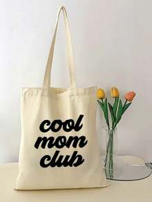 1pc Cool Mom Club Canvas Tote Bag, Geometric Pattern, Durable Shoulder Bag, Fashionable & Versatile, With No-Closure Design, Canvas Lining, For Family & Friends, Ideal Gift - Multicolor - View 5