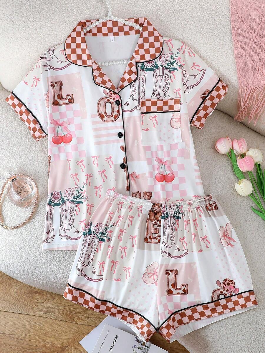 2pcs/Set Summer Breathable Short Sleeve Pajama Set, Women Lapel Button Short Sleeve Top And Elastic Waist Shorts, Suitable For All Seasons, Home Wear, Comfortable And Loose, Cherry Pattern Print With Contrast Trim At Collar And Cuffs, Casual Beach Style