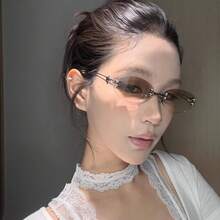 1pc Metal Frameless Unisex Fashion Photochromic Flat Glasses - 金色框橙色鏡片 - 查看 2